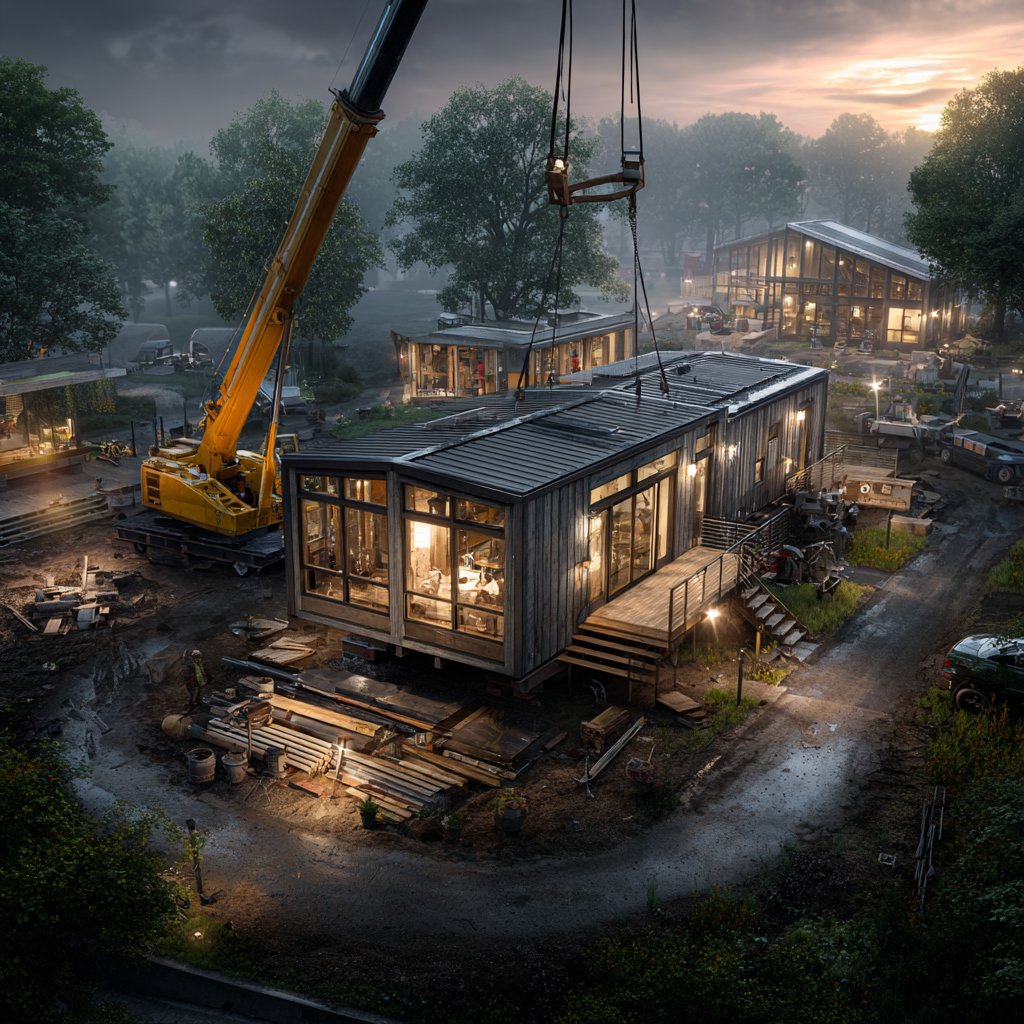 Tiny home being installed by crane at a rural site at dusk